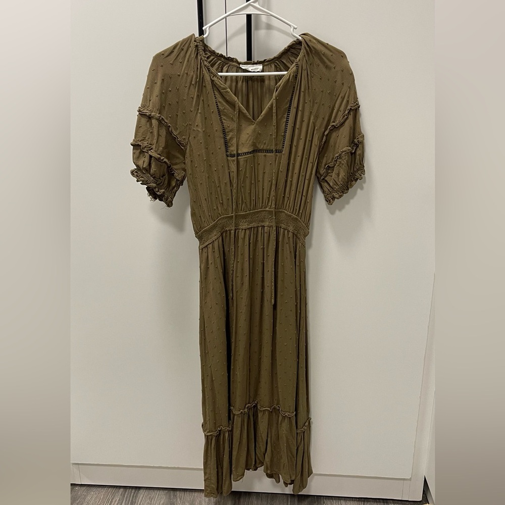 Swiss Dot Army Green Midi Dress